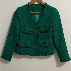 Vintage Blazer Green Tweed Fringed Lined Cropped Button Detail V-Neckline Small